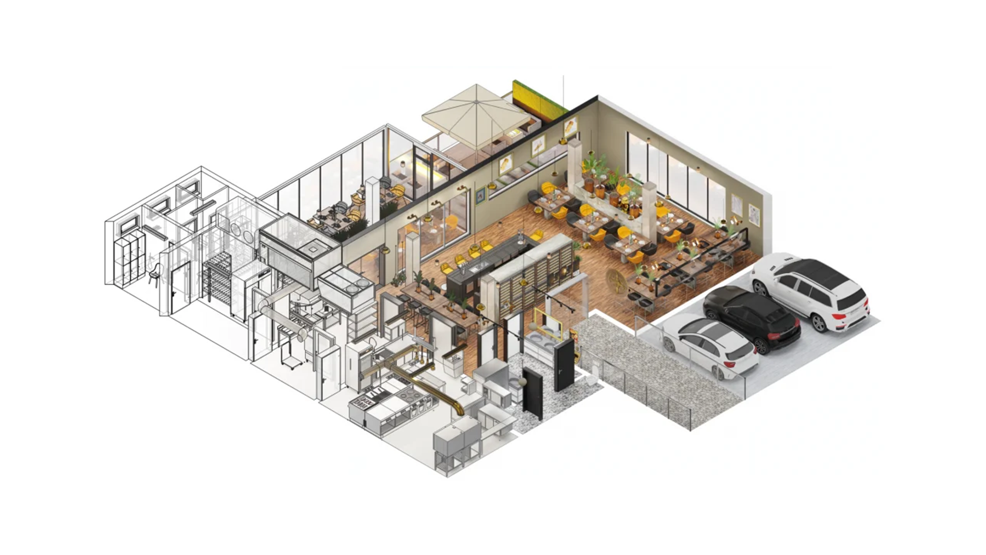 Een 3D ontwerp dwarsdoorsnede van een huis met keuken van K&S Media.